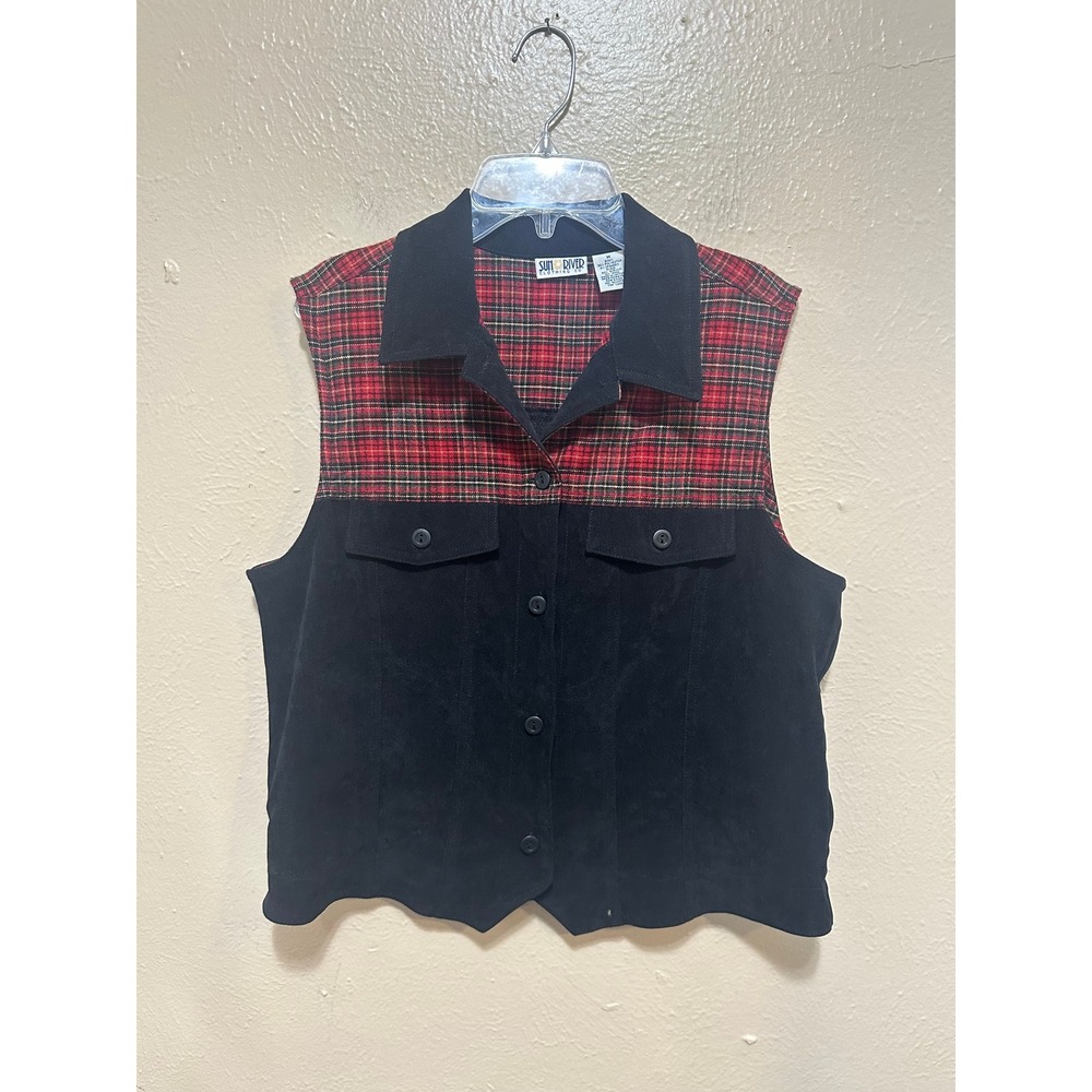 Sun River Clothing Co Vest Medium Plaid‎ Black Button Up Sleeveless Vintage 90s